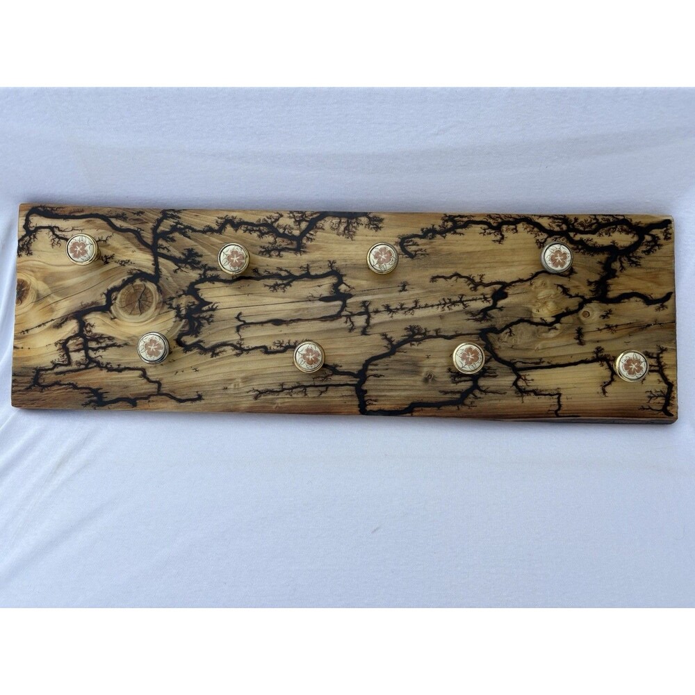 Handmade Lichtenberg Fractal Wood-Burned Rack with Floral Knobs Rustic Decor